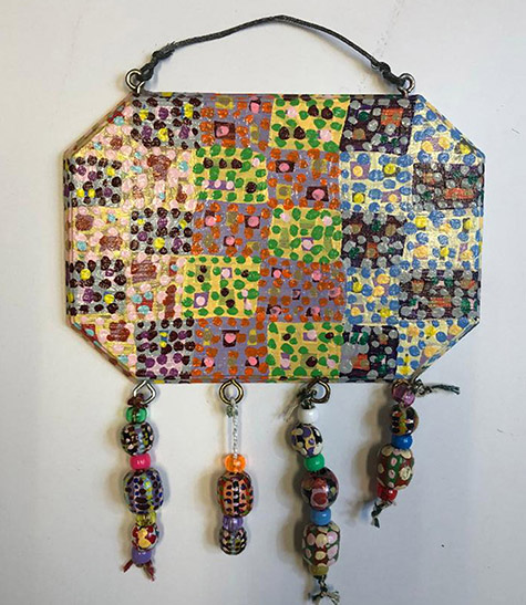 Sybil Roe Thompson | THS251 | Decorative Wall Hanging, 2020 | Painted wood and beads | 7 x 7 in. (17.8 x 17.8 cm) | at the Outsider Folk Art Gallery