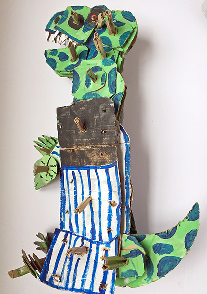 Brent Brown | BRB250 | Blue Stripe (Reptile Rex series from Dark Crystal) | Cardboard, Mixed Media (two sided), 26 x 32 x 11 in. at the Outsider Folk Art Gallery