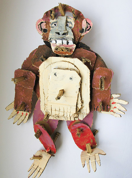 Brent Brown | BRB302 | Red the Chimp, 2017 | Cardboard, Mixed Media | 32 x 27 x 8 in. (81.3 x 68.6 x 20.3 cm) at the Outsider Folk Art Gallery