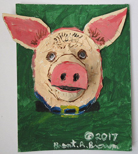 Brent Brown | BRB309 | Sweet Piggy, 2017 | Paint & collage on canvas panel | 11 x 14 x 3 in. (27.9 x 35.6 x 7.6 cm) at the Outsider Folk Art Gallery