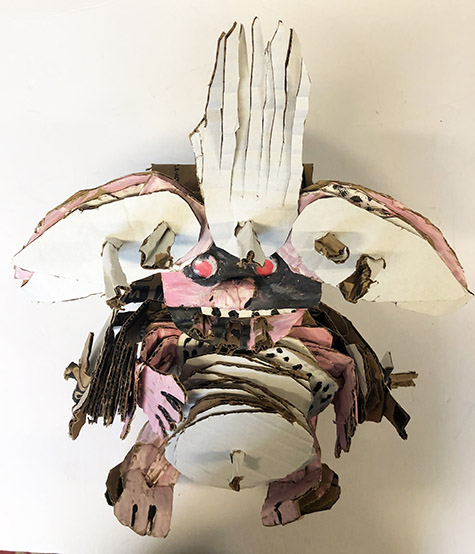 Brent Brown | BRB337 | Pink Eyed Gremlin, 2017 | Cardboard, Mixed Media | 14 x 17 x 6 in. (35.6 x 43.2 x 15.2 cm) at the Outsider Folk Art Gallery