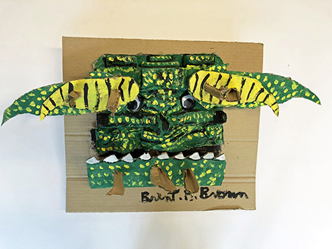 Brent Brown | BRB453 | Supreme Grem, 2018 | 
	 Cardboard, Mixed Media, on Canvas | 28 x 16 x 7 in. at the Outsider Folk Art Gallery