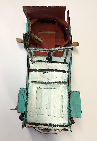 Brent Brown | BRB475 | Hot Wheel Car (Blue), 2018  | 
	 Cardboard, Mixed Media, on Canvas | 10 x 17 x 8 in. at the Outsider Folk Art Gallery