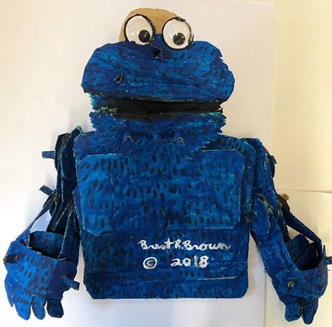 Brent Brown | BRB521 | Cookie Monster (the Muppets), 2018   | 
	 Cardboard, Mixed Media, on Canvas | 34 x 28 x 7 in. (86.36 x 71.12 x 17.78 cm) at the Outsider Folk Art Gallery