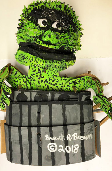 Brent Brown | BRB523 | Oscar the Grouch - Larger (the Muppets), 2018 | Cardboard, Mixed Media, on Canvas | 24 x 34 x 8 in. (60.96 x 86.36 x 20.32 cm) at the Outsider Folk Art Gallery