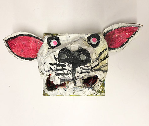 Brent Brown | BRB528 | Pinky the Rabbit, 2018 | 
	 Cardboard, Mixed Media, on Canvas | 20 x 12 x 8 in.  at the Outsider Folk Art Gallery