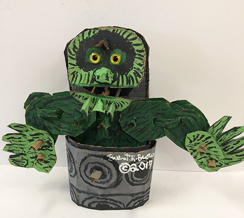 Brent Brown | BRB617 | Oscar the Grouch, Jr. (The Muppets), 2019 | Cardboard, Mixed Media, on Canvas | 27 x 20 x 8 in.  at the Outsider Folk Art Gallery