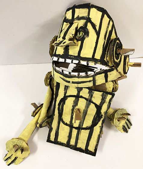 Brent Brown | BRB619 | Crates the Robotic Creature, 2019  | 
	 Cardboard, Mixed Media | 23 x 23 x 13 in. at the Outsider Folk Art Gallery