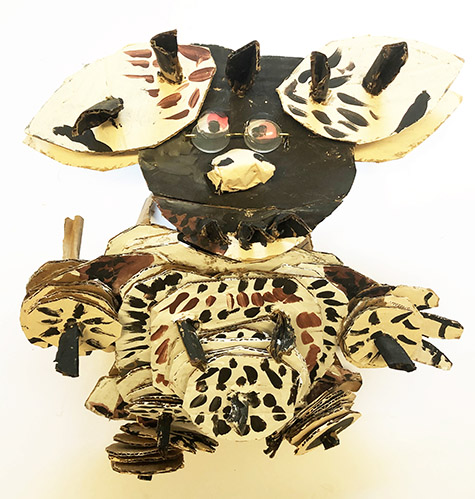 Brent Brown | BRB637 | Genius Gizmo, Jr., 2019 | 
	 Cardboard, Mixed Media, 14 x 6 x 6 in. at the Outsider Folk Art Gallery