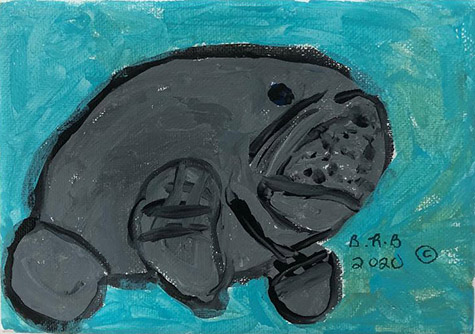 Brent Brown | BRB765 | Save the Manatee, 2020 | Paint on canvas | 7 x 5 in. at the Outsider Folk Art Gallery