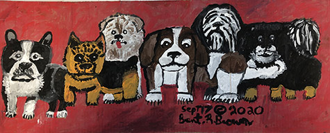 Brent Brown | BRB810 | Dog Gang, 2020 | Paint on canvas | 29 1/2 x 12 in. at the Outsider Folk Art Gallery