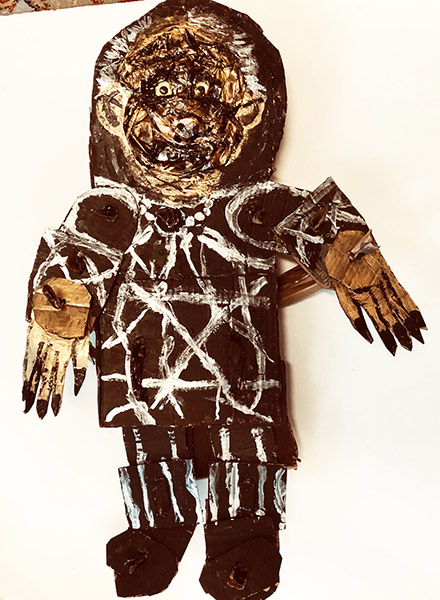 Brent Brown | BRB814 | Gold Finger, 2020  | 
	 Cardboard, Mixed Media | 21 x 33 x 8 in. at the Outsider Folk Art Gallery