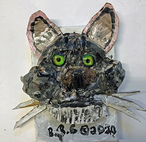 Brent Brown | BRB823 | Green Eyes, 2020 | Cardboard, Mixed Media, on Canvas | 5 x 8 x 2 in. at the Outsider Folk Art Gallery