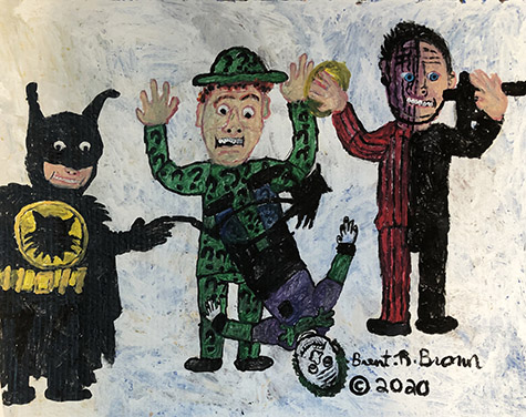 Brent Brown | BRB880 | Batman/Ridler/Joker/Harvey, 2020  | 
	 Paint on Cardboard | 32 x 34 in. at the Outsider Folk Art Gallery