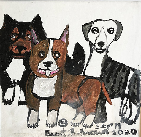 Brent Brown | BRB891 | 3 Dog Team, 2020 | Paint on canvas | 12 x 12 in. at the Outsider Folk Art Gallery