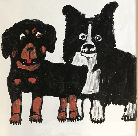 Brent Brown | BRB893 | Rottweiler, Border Collie, 2020 | Paint on canvas | 12 x 12 in. at the Outsider Folk Art Gallery