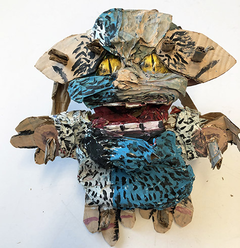 Brent Brown | BRB953 | Polo the Grem, 2021 | 
	 Cardboard, Mixed Media | 13 x 15 x 6 in. at the Outsider Folk Art Gallery