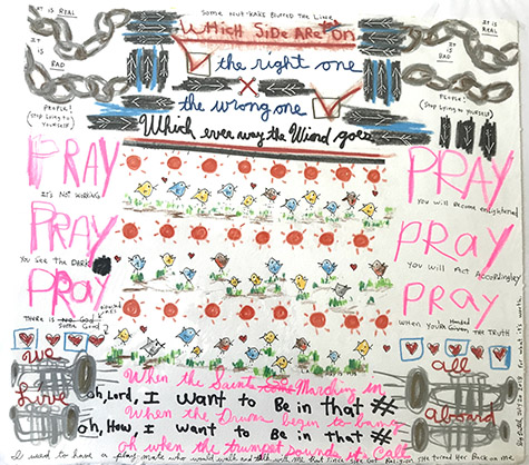 David "Big Dutch" Nally | DN179 | Pray, 2018 | Colored pencil and ink on watercolor paper | 14 x 15 in. (35.56 x 38.1 cm) at the Outsider Folk Art Gallery