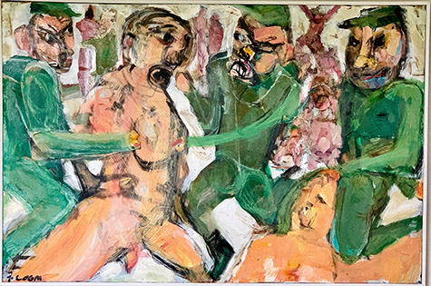 Jim Bloom JB0440 | Abu Ghraib Saturday Night |  Mixed media on canvas, framed | 36 x 24 in. at the Outsider Folk Art Gallery